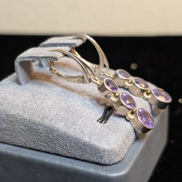 Three Round Graduated Bezel Set Amethyst Gemstone Sterling Lever Back Earrings - Picture 3 of 5